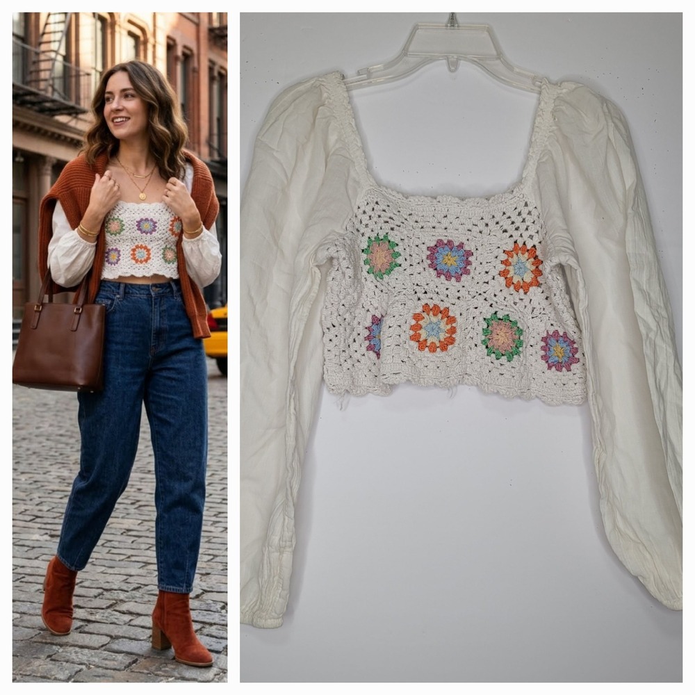 Aerie Crochet Granny Square Crop Top M White Floral Puff Sleeve Cottage Boho 70s